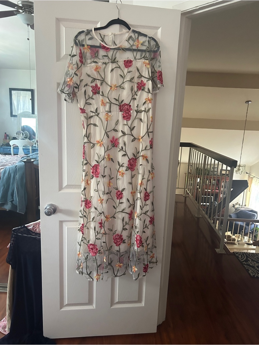 Floral Embroidered Midi Dress in Ivory with Pink Roses